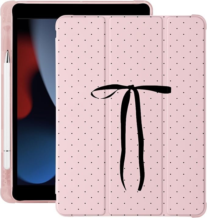 Cute Polka Dot Ribbon Bow for iPad Pro 11 Inch Case (M5/M4) 2025/2024 with Pencil Holder Auto Sleep/Wake Pink Leather Soft TPU Back Cover