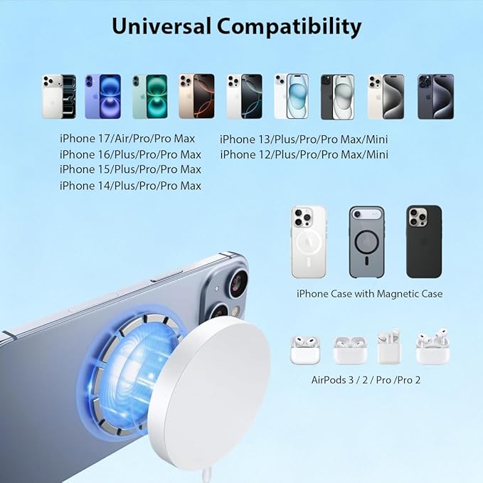Magnetic Wireless Charger [Apple MFi Certified] 3.3FT 15W Fast Apple Mag-Safe Charger Pad with USB C Fast Charging Block Compatible with iPhone 17/Air/Pro/Pro Max/16/15/14/13/Plus/Pro/Pro MaxAirPods