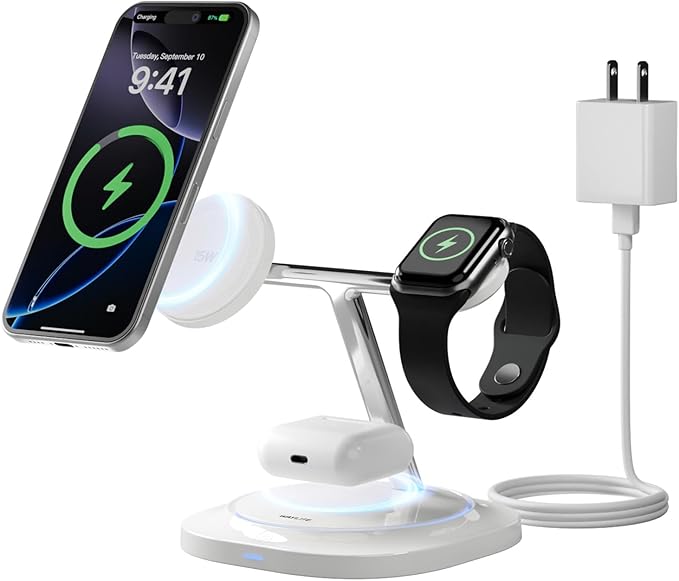 3 in 1 Magnetic Wireless Charger for Apple -Fast Charging Station Compatible with MagSafe for iPhone17-12 Apple Watch&ampAirPods Phone and Watch Charger Stand for Desktop Bedside Office (Elegant Wh