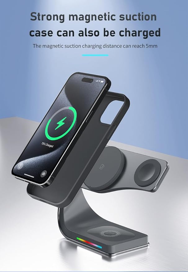 Qi2 Wireless Charger 3 in 1 Fast Charging Station for iPhone 15/14/13/12 Apple Watch AirPods 15W Magnetic Foldable Charging Dock Portable Wireless Charger Stand for Home Office Travel