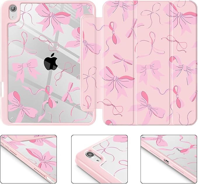 May Chen Slim Case for iPad mini 7 (A17 Pro 7th Generation) 2024 / iPad mini 6 (6th Gen) 8.3 Inch [Built-in Pencil Holder] Shockproof Cover Clear Clear Back Shell Auto Wake/Sleep Pink Bow