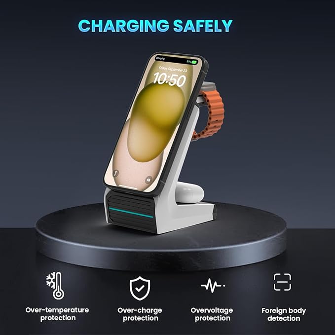 JoyGeek 3-in-1 Wireless Charging StationCharger Stand for iPhone 15/14/13/12 Series Fast Magnetic Charging Dock for Watch Ultra 2/9/8/7/6/SE/5/4/3/2AirPods Pro 3/2