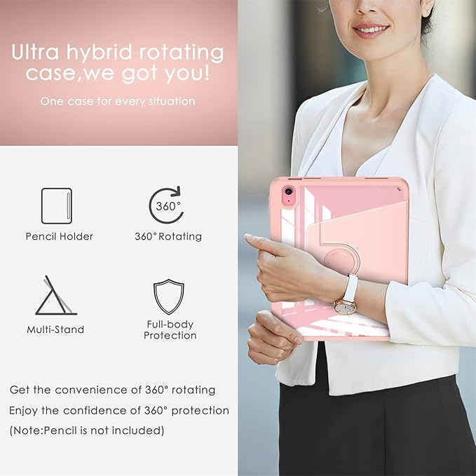 Soke Rotating Case for iPad (A16) 11th Generation 2025 iPad 10th Gen 2022 with Pencil Holder [Shockproof + Auto Sleep/Wake] 360 Degree Rotation Clear Back for iPad 11/10.9 - Rose Gold