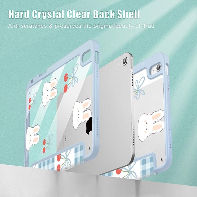 Tuiklol for 2025 iPad (A16 Chip) 11th Generation 11 inch/iPad 10th Gen 10.9 inch 2022 Case Buit in Pencil Holder with Clear Back Shell Cover Trifold Stand Auto Wake/SleepGrid-Rabbit