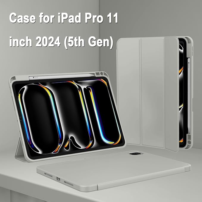 ZryXal iPad Pro 11 Inch Case (M5) 2025/ (M4) 2024 (Model: A2836/A2837/A3006) Trifold Stand Smart Cover with Pencil Holder and Soft TPU Back Auto Wake/Sleep (Smoky Gray)