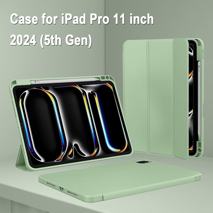 ZryXal iPad Pro 11 Inch Case (M5) 2025/ (M4) 2024 (Model: A2836/A2837/A3006) Trifold Stand Smart Cover with Pencil Holder and Soft TPU Back Auto Wake/Sleep (Matcha Green)