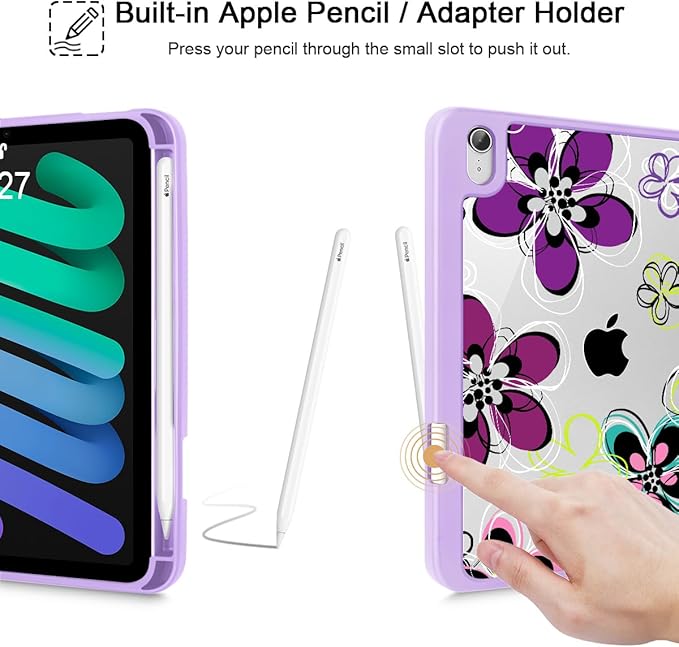 for Slim Case for iPad mini 7 (A17 Pro 7th Generation) 2024 / iPad mini 6 (6th Gen) 8.3 Inch [Built-in Pencil Holder] Clear Back Shell + Auto Wake/Sleep Abstract Floral SD163