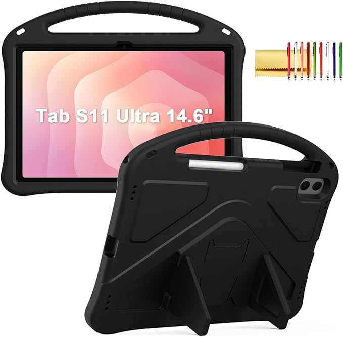 Kids Case for Samsung Galaxy Tab S11 Ultra 2025 14.6 Tablet Techcircle Light Weight Shock Proof EVA Foam Handle Rugged Stand Protective Case Black