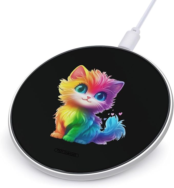 Colorful Rainbow Cat Wireless Charger Anti-Slip Wireless Charging Pad Slim Charger Mat for Men Women