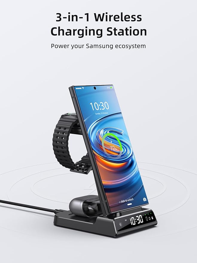 Wireless Charger Samsung Charging Station: 3 in 1 Android Charging Stand with Dimmable Clock - Nightstand Organizer for Galaxy S25 Ultra S24 Galaxy Watch 8 7 6 5 4 Galaxy Buds Space-Saving Charger