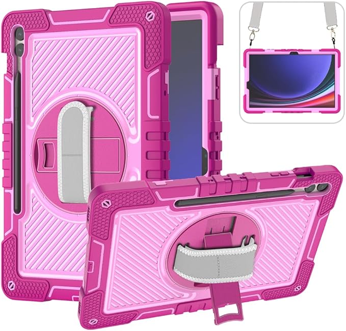 Shockproof Case for Samsung Galaxy Tab S10 Plus/S9+/S9 FE+ 12.4 Tablet Cover with Shoulder+Hand Strap Techcircle Heavy Duty Rotating Kickstand Rugged Defender Case Rose+Pink