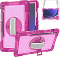 Shockproof Case for Samsung Galaxy Tab S10 Plus/S9+/S9 FE+ 12.4 Tablet Cover with Shoulder+Hand Strap Techcircle Heavy Duty Rotating Kickstand Rugged Defender Case Rose+Pink