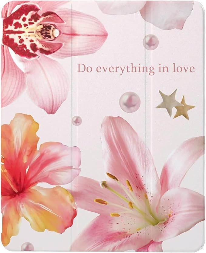 Pink Lilies and Hibiscus Flowers Case Compatible with IPad 9th 8th 7th Generation 10.9 Inch 2021/2019/2018Funny Cover with Trifold Stand + Pencil Holder for Boys GirlsiPad Air6 13inch 2024