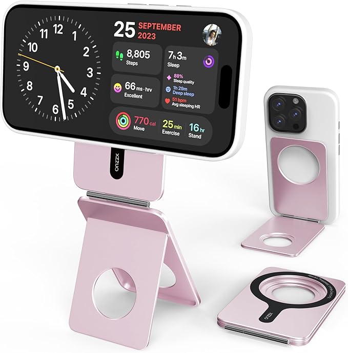 Cell Phone StandAdjustable Height and Angle Foldable Phone Holder for Desk Aluminum Cell Phone HolderStrong Magnetic Phone Stand Compatible with iPhone 16/15/14/13/12 Series (Pink)