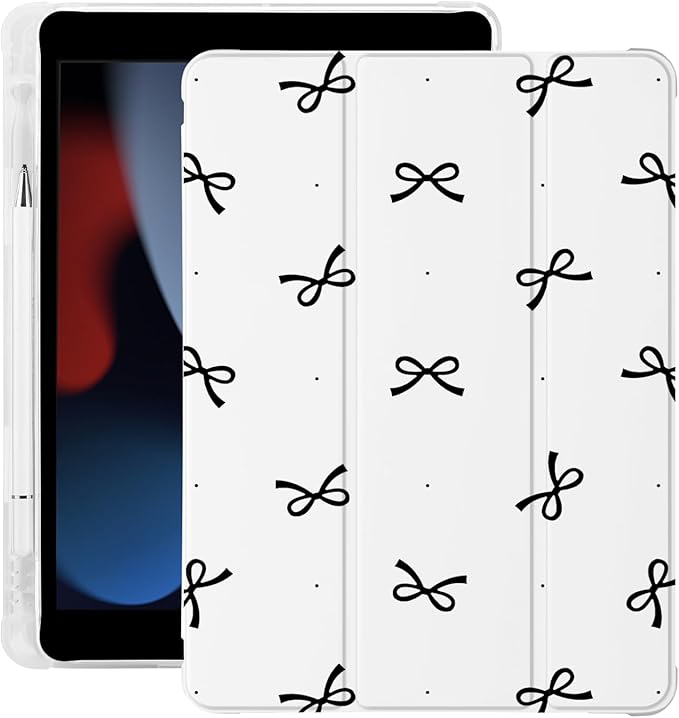 Cute Black Bow Kawaii for iPad Pro 11 Inch Case 4th/3rd/2nd Generation 2022/2021/2020 with Pencil Holder Auto Sleep/Wake White Leather Soft TPU Back Cover