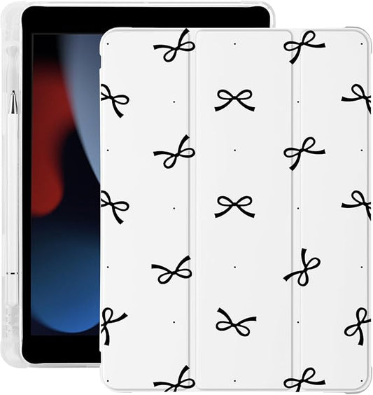 Cute Black Bow Kawaii for iPad Pro 11 Inch Case 4th/3rd/2nd Generation 2022/2021/2020 with Pencil Holder Auto Sleep/Wake White Leather Soft TPU Back Cover