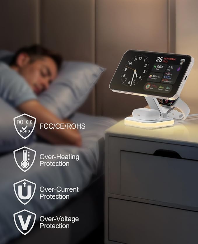 5-in-1 Magnetic Wireless Charging Stand for Apple MagSafe Charger with Night Light for iPhone 17/16/15/14/13/12 Watch AirPods Travel Magnetic Charger Nightstand Charging Station (Adapter Included)