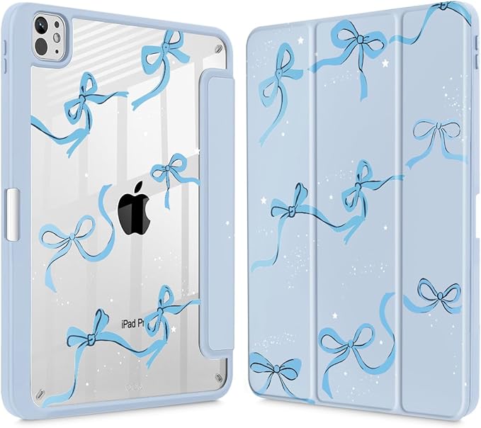 May Chen Case for iPad Pro 11-Inch M5/M4 2025/2024 (6th/5th Generation) Clear Transparent Print Back Shell Slim Stand Shockproof Tablet Cover Auto Wake/Sleep Bows Blue