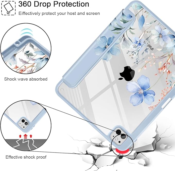 May Chen Case for iPad Pro 11-Inch M5/M4 2025/2024 (6th/5th Generation) Clear Transparent Print Back Shell Slim Stand Shockproof Tablet Cover Auto Wake/Sleep Blue Flowers