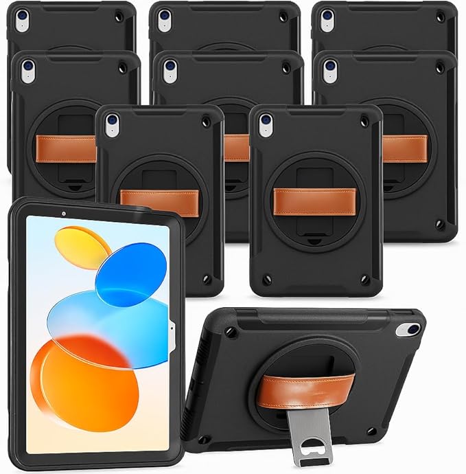 10 Pcs Pack Original Rugged Case for iPad 11 (A16) 11-inch (2025) &amp iPad 10th Gen 10.9-inch (2022) | 360° Rotating Kickstand Genuine Leather Hand Strap Built-in Screen Protector (Black)