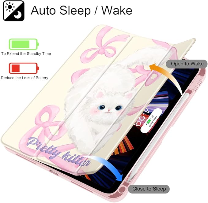 Case for iPad 11 inch A16 2025 Generation 11th / iPad 10.9 inch 2022 10th Gen Buit in Pencil Holder with Shockproof Cover Clear Transparent Back Shell Auto Wake/Sleep Ribbon Bow Kitten
