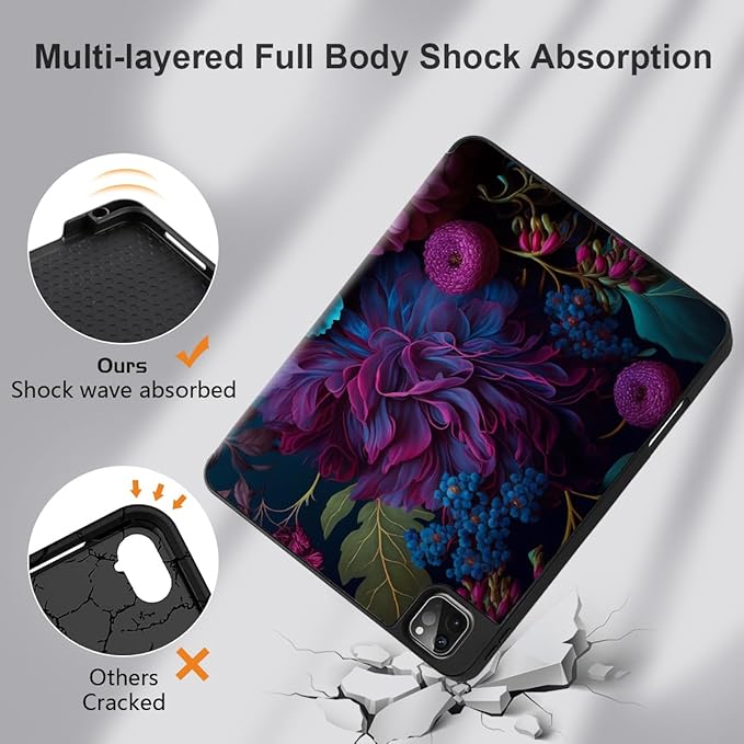 MEEgoodo for iPad Pro M2 12.9 Case 6th/5th/4th/3rd Generation 2022 2021 2020 2018 with Pencil Holder Tablet Cover with TPU Back Shell Beautiful Fantasy Flower
