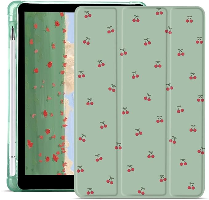 JOYLAND Cute Cherry Printed Case for iPad mini 7 (A17 Pro) 2024 / iPad mini 6 2021 8.3 Inch with Pencil Holder Foldable Auto Wake/Sleep Soft TPU Back Kawaii Fruit Green Leather Cover