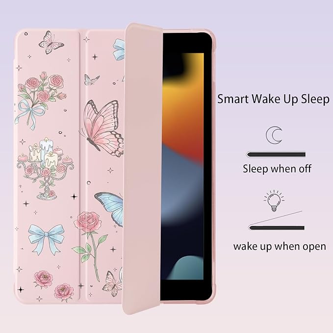 Cute Flower Butterfly for iPad mini 7 A17 Pro 2024/iPad Mini 6 Case with Pencil Holder Auto Sleep/Wake Pink Leather Soft TPU Back Cover