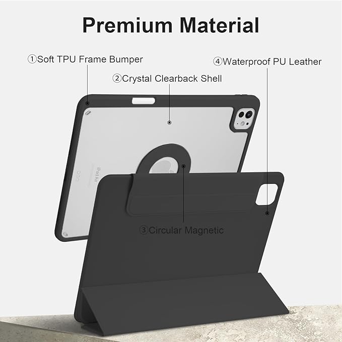 Case for iPad Pro 11 inch M5/M4 (2025/2024 6th/5th Generation) Removable and Detachable Magnetic Cover with Pencil Holder Vertical Adjustable Stand Tri-Fold Multi-Angle Black