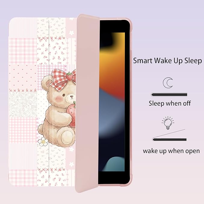 Cute Kawaii Bear Grid for iPad Pro 11 Inch Case 4th/3rd/2nd Generation 2022/2021/2020 with Pencil Holder Auto Sleep/Wake Pink Leather Soft TPU Back Cover