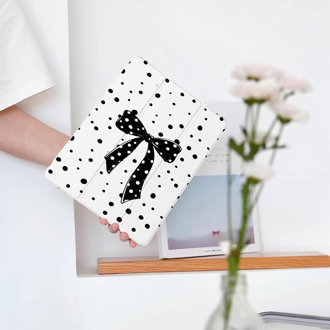Cute Black Bow Polka Dot for iPad mini 7 A17 Pro 2024/iPad Mini 6 Case with Pencil Holder Auto Sleep/Wake White Leather Soft TPU Back Cover