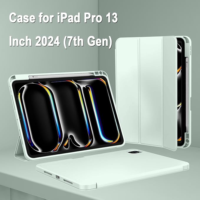 ZryXal New iPad Pro 13 Inch Case (M5) 2025 / (M4) 2024 with Pencil Holder Smart iPad Case [Support Pencil Pro and Pencil (USB-C)] Support Touch ID and Auto Wake/Sleep (Pale Green)