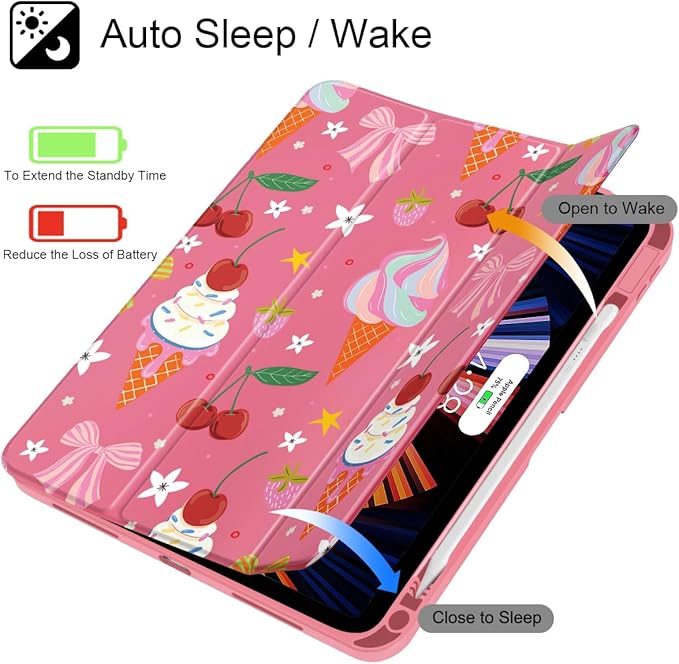 Case for iPad 11 inch A16 2025 Generation 11th / iPad 10.9 inch 2022 10th Gen Buit in Pencil Holder with Shockproof Cover Clear Transparent Back Shell Auto Wake/Sleep Ice Cream-Bows-Red