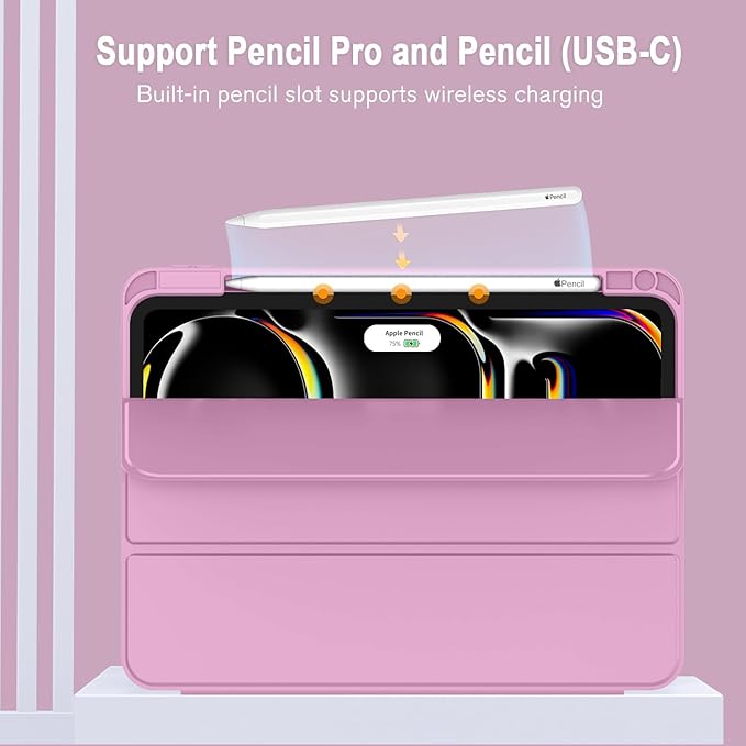 ZryXal New iPad Pro 13 Inch Case (M5) 2025 / (M4) 2024 with Pencil Holder Smart iPad Case [Support Pencil Pro and Pencil (USB-C)] Support Touch ID and Auto Wake/Sleep (Pale Violet Red)