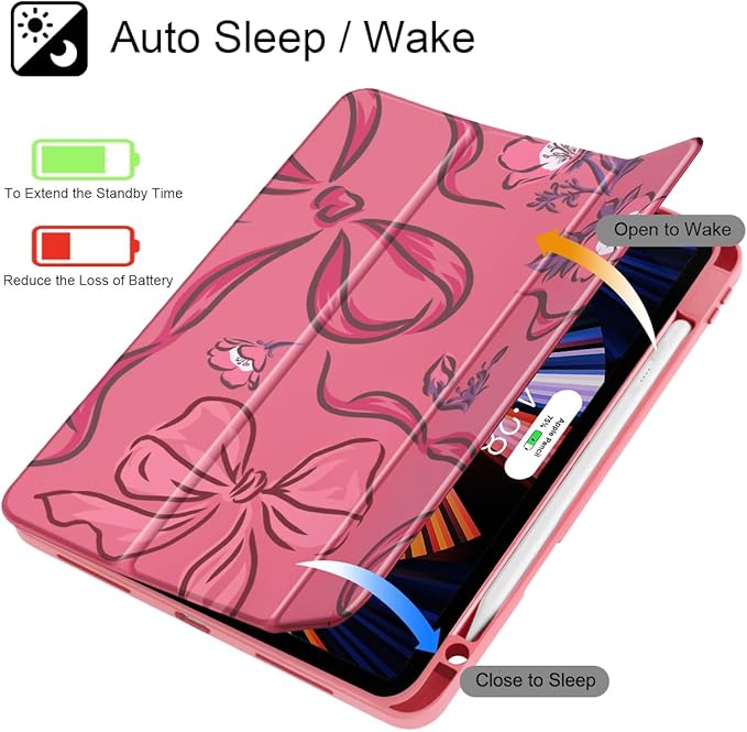 Mektron Case for iPad Pro 11 inch (4th 3rd 2nd &amp 1st Gen) 2022 2021 2020 2018 Buit in Pencil Holder with Shockproof Cover Clear Shell + Auto Wake/Sleep Flowers-Bows-Red