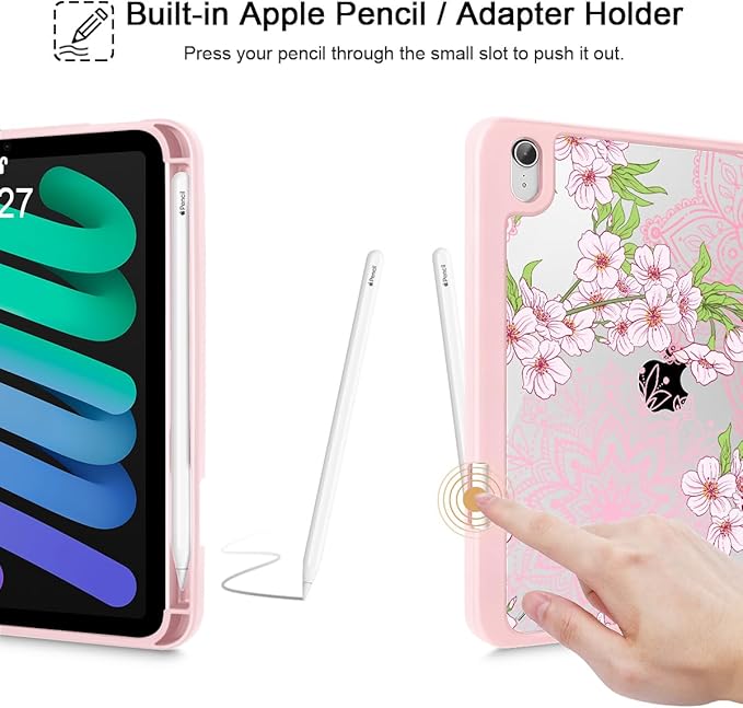 Mektron Printed Case for iPad mini 7 (A17 Pro) 2024/ Mini 6 2021 iPad mini 7th/6th Generation 8.3-inch Liquid Retina Display Cover Buit in Pencil Holder with Clear Back Shell Blossom Sakura-Pink