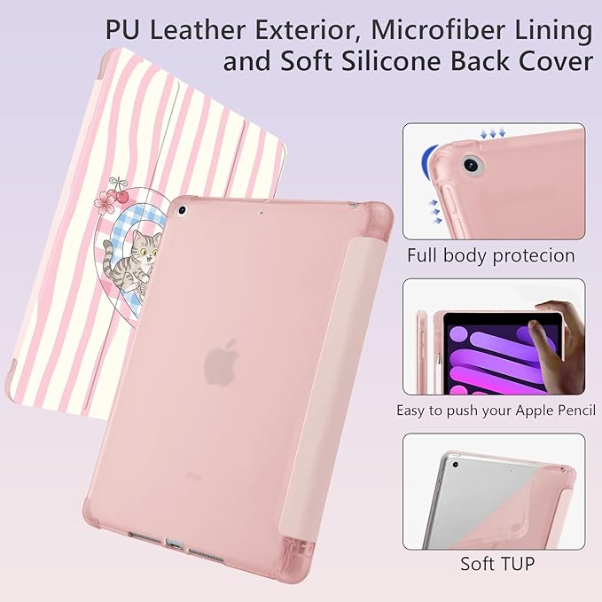 Cue Kawaii Kitten Cat Heart for iPad Air 3 Case with Pencil Holder Auto Sleep/Wake Pink Leather Soft TPU Back Cover for iPad Pro 10.5 Inch 2017
