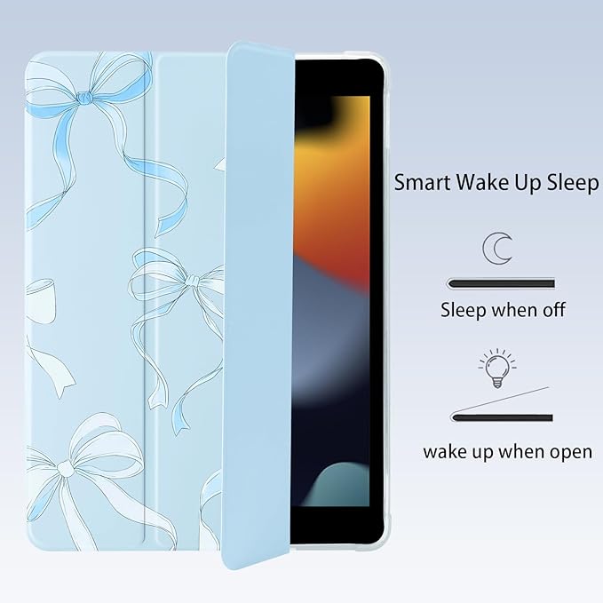 Cute Ribbon Bow for iPad 7th/8th/9th Generation Case with Pencil Holder Auto Sleep/Wake Blue Leather Soft TPU Back Cover for iPad 10.2 Inch 2019/2020/2021