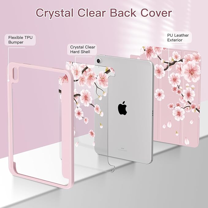 Teryeefi for iPad Air 11-Inch Case M4 (2026) M3 (2025) / M2 (2024) iPad Air 5th (2022) / Air 4th Generation (2020) 10.9 Inch - Clear Back Cover with Pencil Holder Auto Wake/Sleep (Cherry Blossoms)
