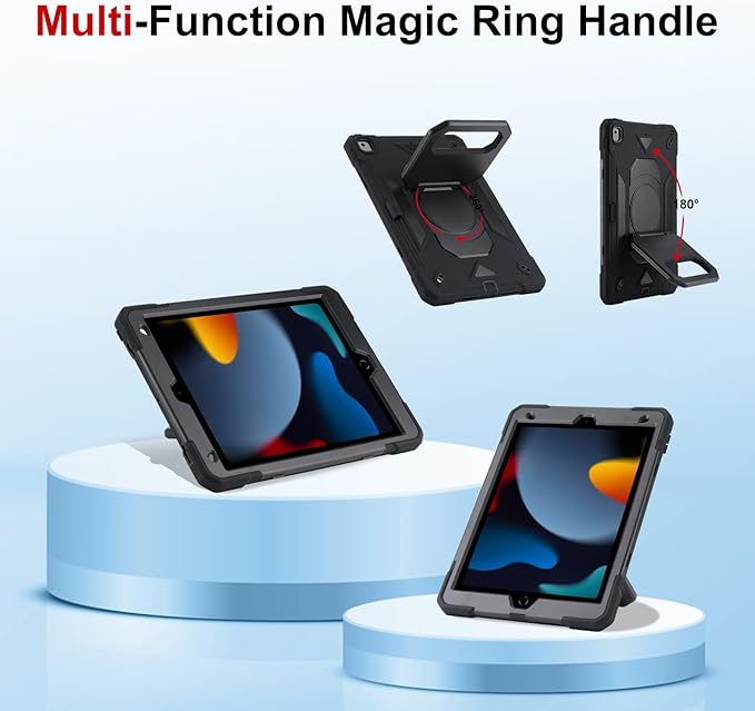 Case for iPad 9th Generation (2021) /iPad 8th Gen (2020)/iPad 7th Gen (2019) Military Grade Shockproof iPad Case Built-in 360°Rotating Stand/Pen Slot/Shoulder Strap for iPad 10.2 (Black)