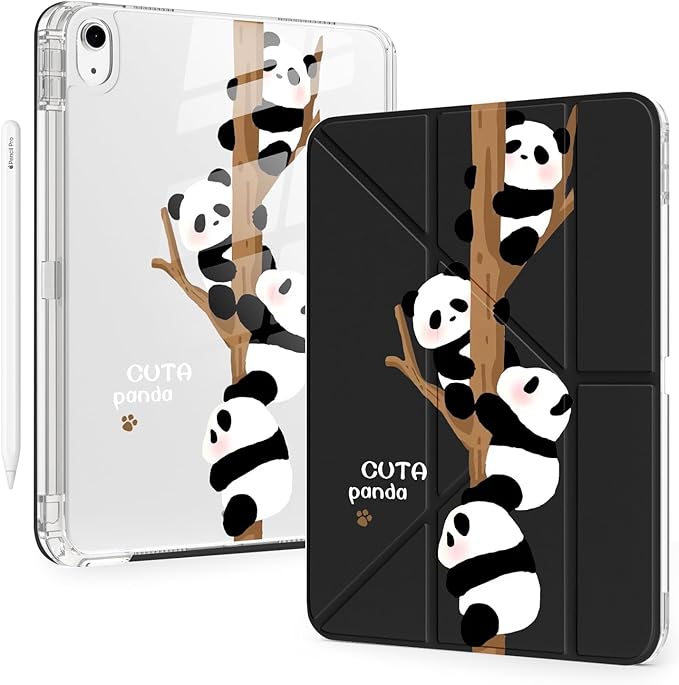 Cute Kawaii Panda for iPad Pro 11 Inch Case 4th/3rd/2nd Generation 2022/2021/2020 with Pencil Holder Auto Sleep/Wake Black Leather Acrylic Back Detachable Cover