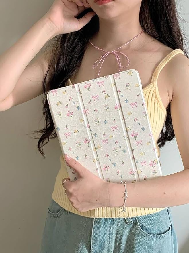 Slim Leather Hard Folio Case with Adjustable Stand Pencil Holder for Apple Cream White Pink Bow Flower Floral Chic Cute Lovely Adorable Girls Kids (for iPad Pro 12.9-inch 4th Generation 2020)