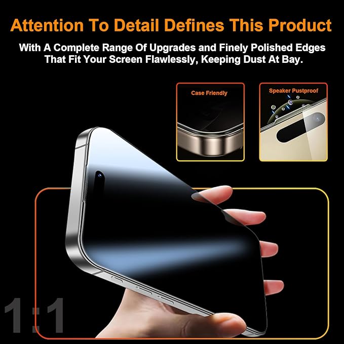 OneFish 2 Pack Privacy Screen Protector for iPhone 14 Pro - 4-Way 360° Anti-Spy Tempered Glass 9H Hardness 3D Curved Edges Case-Friendly &amp Easy Installation