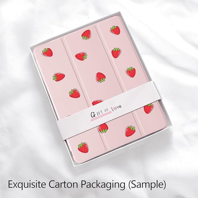 Cute Kawaii Strawberry for iPad Pro 13 Inch Case (M5/M4) 2025/2024 with Pencil Holder Auto Sleep/Wake Pink Leather Soft TPU Back Cover