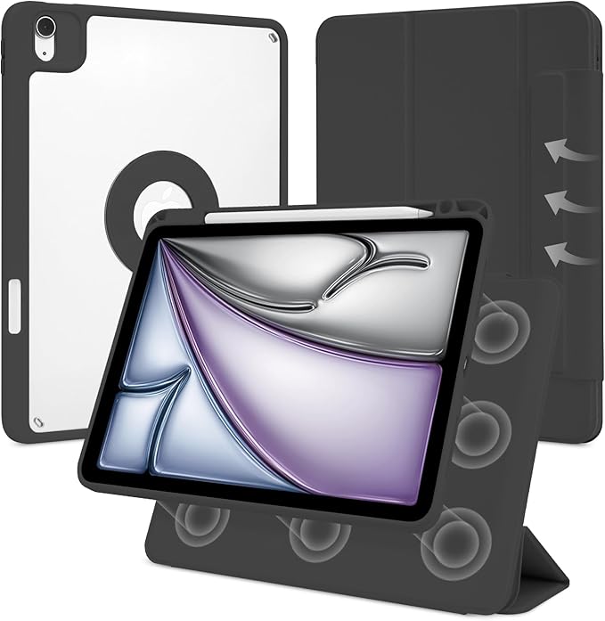 Case for iPad Air 11 Inch M4/M3/M2 2026/2025/2024 iPad Air 10.9 5th/4th Gen. 2022/2020 iPad Pro 11 4th/3rd/2nd 2022/2021/2020 with Pencil Holder Vertical Stand Detachable Magnetic Black