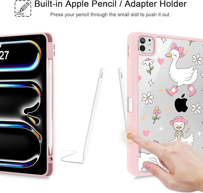 May Chen Case for iPad Pro 11-Inch M5/M4 2025/2024 (6th/5th Generation) [Penceil Holder] Trifold Stand Auto Wake/Sleep Clear TPU Protection Back Cover Cute Goose Spring