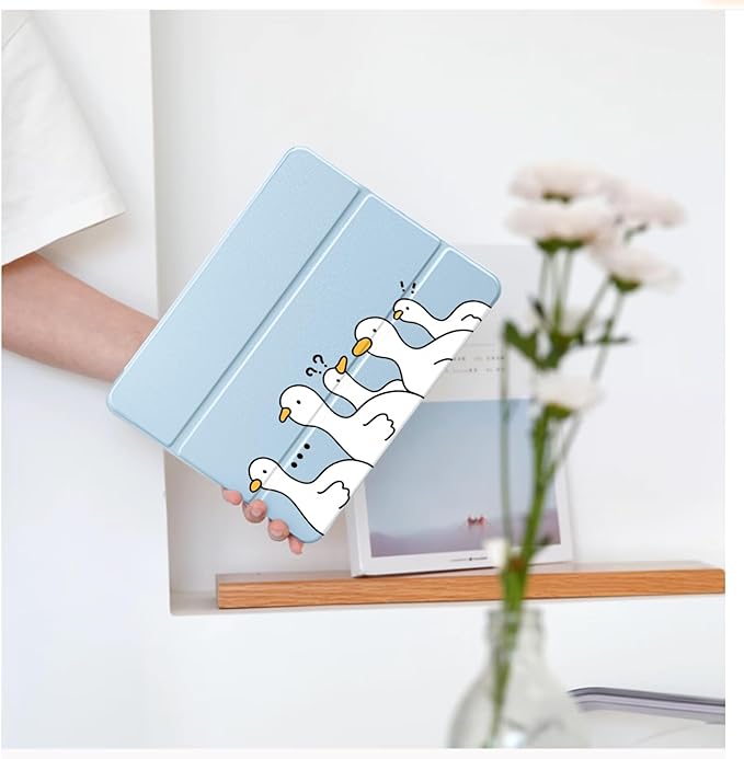 Cute Kawaii Duck for iPad Pro 13 Inch Case (M5/M4) 2025/2024 with Pencil Holder Auto Sleep/Wake Blue Leather Clear Acrylic Back Cover