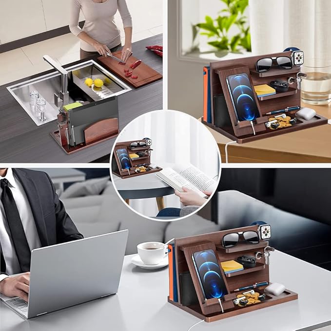 Gifts for Men Bedside Organiser Wood Phone Docking Station Dad Birthday Gifts for Him Nightstand Key Wallet Watch Stand Mens Gifts for Xmas Presents for Dad Husband Boyfriend Anniversary &amp Christm