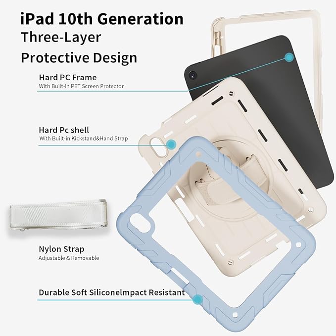 Case for iPad 10th Generation 10.9inch 2022with Built-in Screen Protector and KickstandHand StrapShoulder Strap for New Apple iPad 10.9 Inch(Blue/Beige)