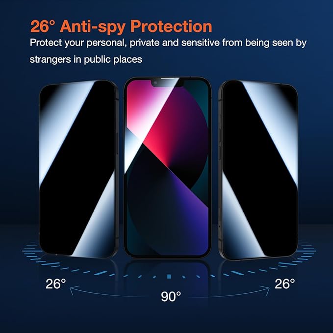 2 Pack Privacy Screen Protector for iPhone 13 9H+ Tempered Glass Anti Spy Private Film Easy Installation Auto Alignment Dust Removal Military-Grade Protection Bubble-Free